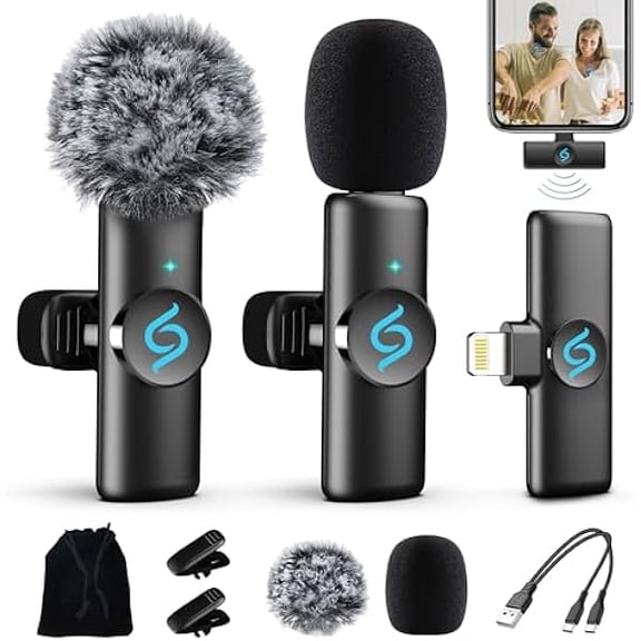 2 Packs Wireless Lavalier Microphone for iPhone 15/iPad/Android/Phone/PC/Laptop, Plug-Play Mini Mic with Noise Reduction, Lapel USB C Microphone for Video Recording, Interview, Vlogging