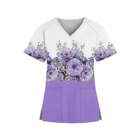 

Knosfe Printed Scrub Tops Floral Mock Wrap V Neck Scrubs Women Medical Workwear Uniform Nursing Short Sleeve Plus Size Scrub Tops with Two Pockets Purple L