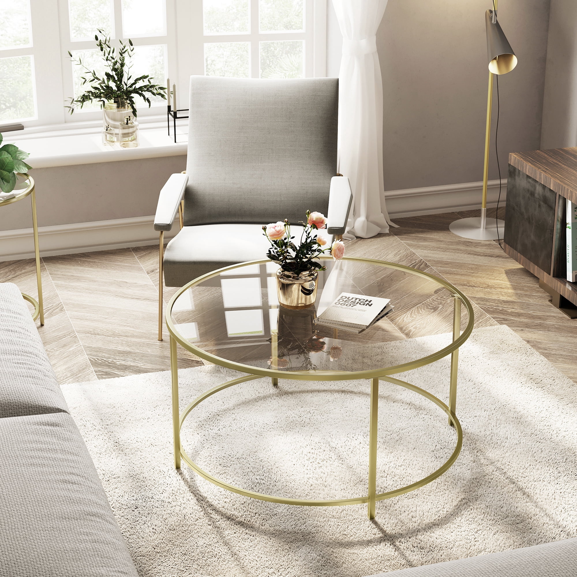 VASAGLE Round Coffee Table, 35.4-Inch Dia. Glass Table with Golden Steel Frame, Living Room Table, Sofa Table, Robust Tempered Glass, Stable, Gold
