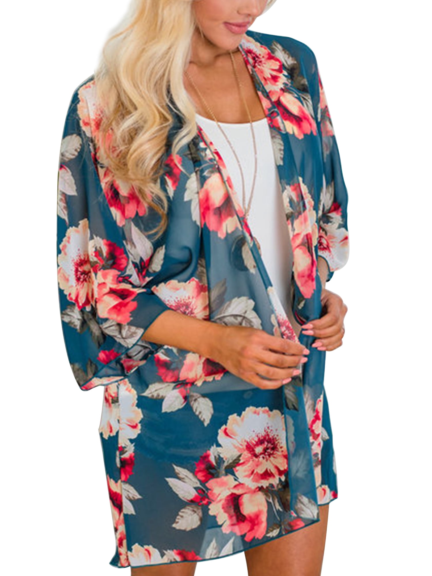 Women's Floral Kimono Cardigans Chiffon Casual Loose Open Front Cover Ups Tops S-XXXL
