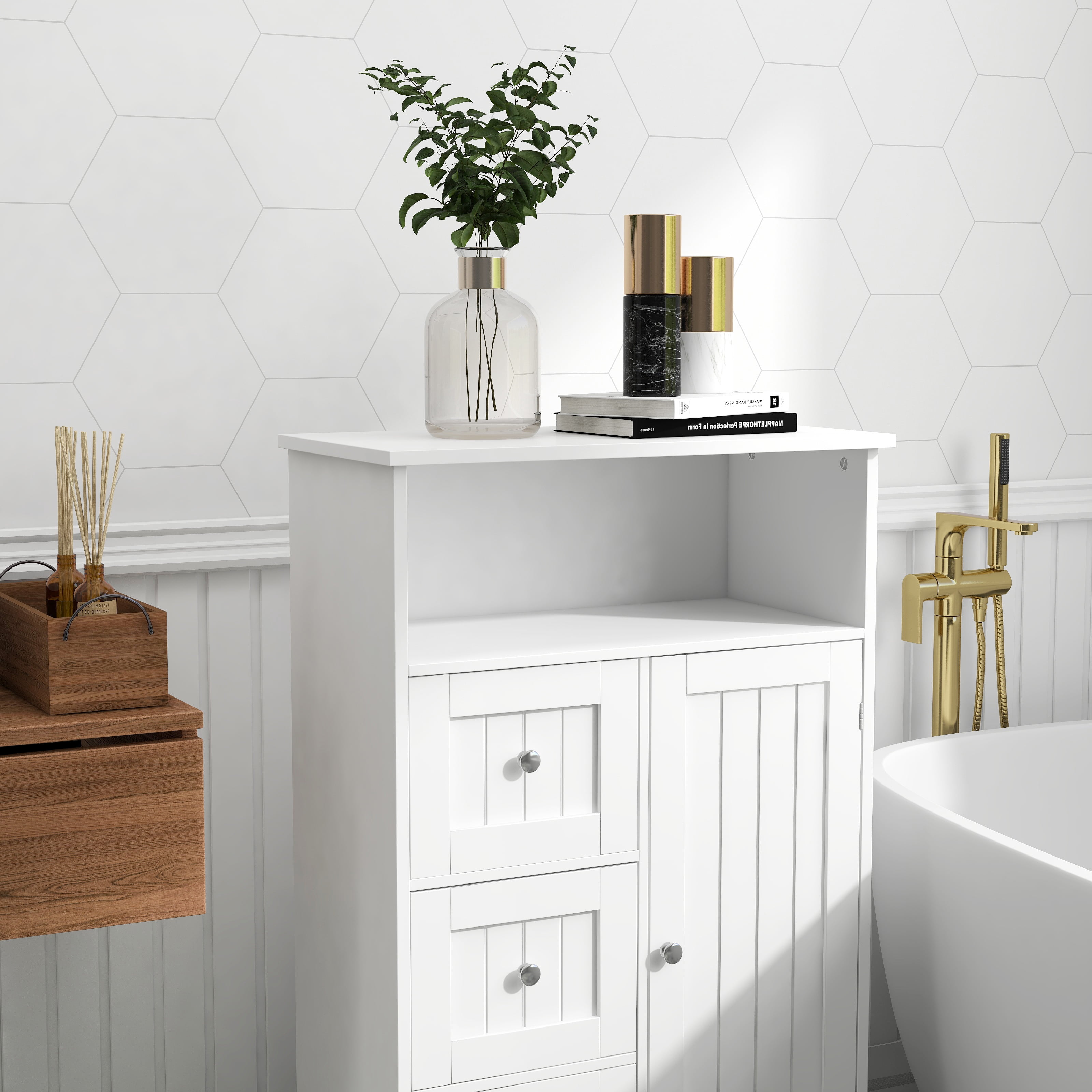 DEALTOPS Bathroom Storage Cabinet with 3 Drawers, 1 Door and 1 Open Space -White