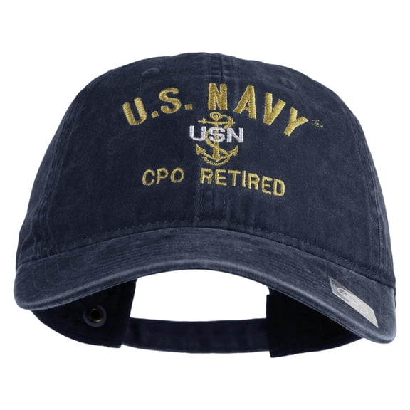 US Navy CPO Retired Military Embroidered Washed Solid Pigment Dyed Cotton Twill Brass Buckle Cap - Navy OSFM