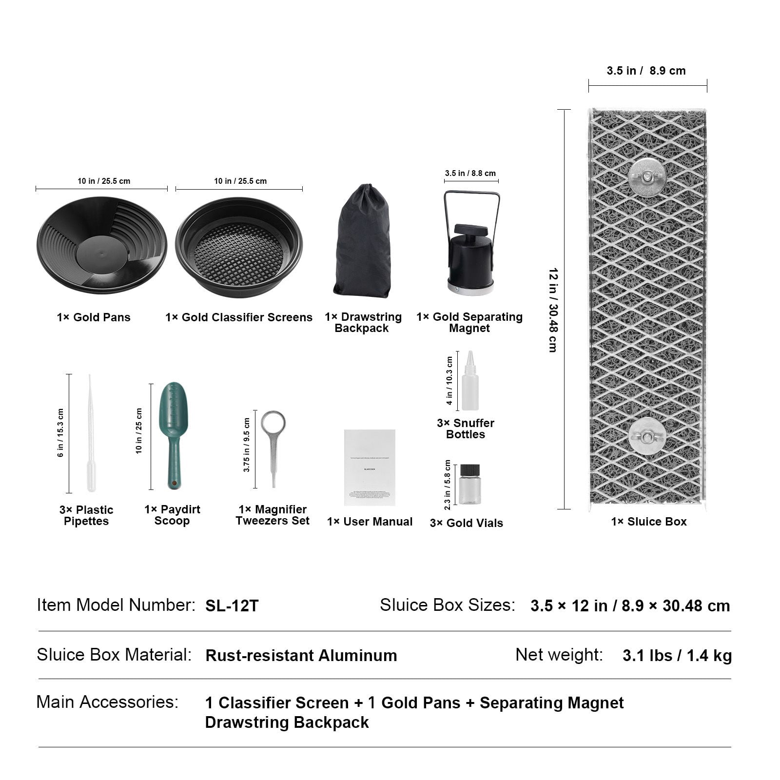 Gold Panning Kit 16-Piece Sluice Box Aluminum Alloy Classifier Screen Magnet Snuffer Bottles for Prospecting
