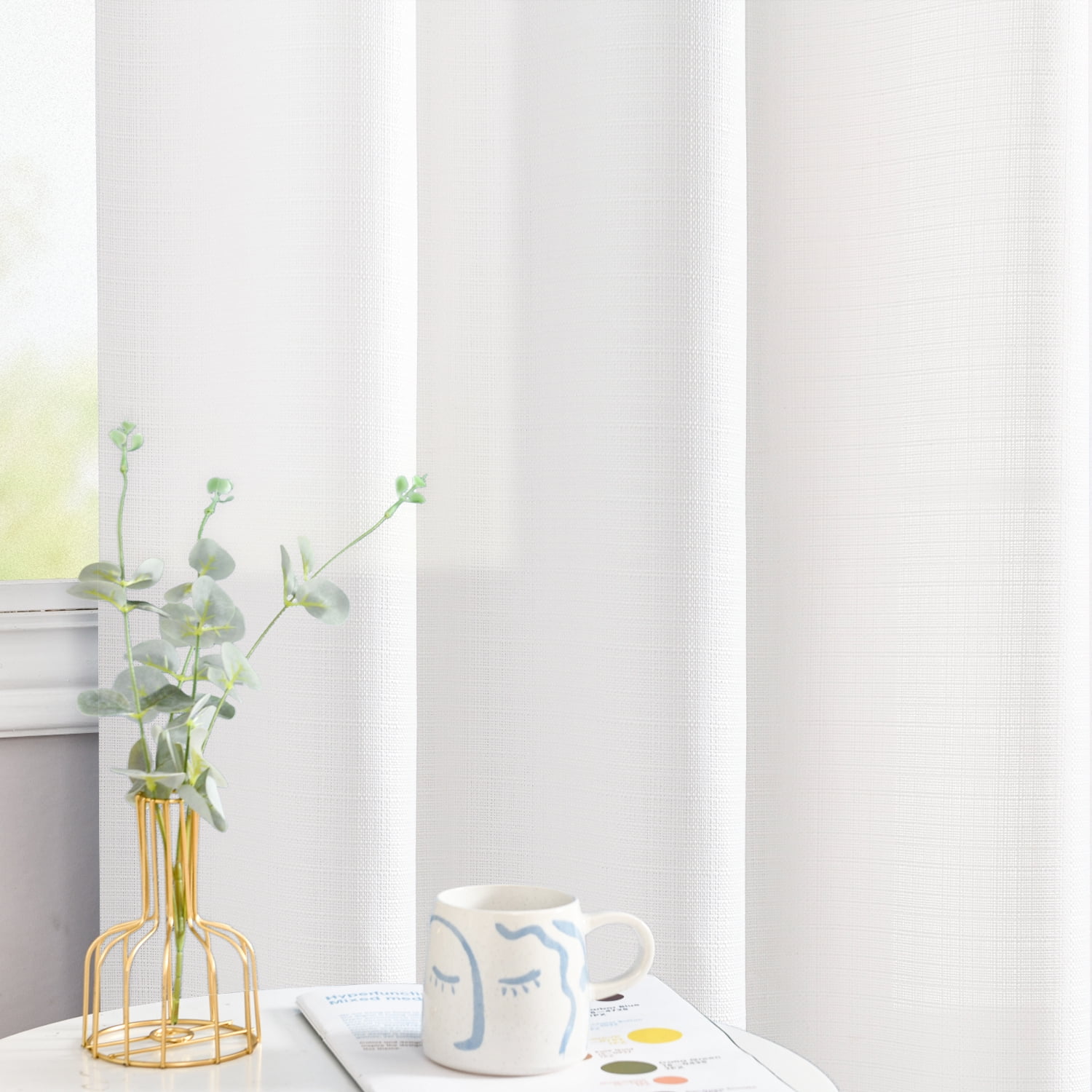 Curtainking White Curtains for Living Room 96 inches Linen Textured Curtains Light Filtering Back Tab Curtains Casual Weave Back Tab Drapes 2 Panels