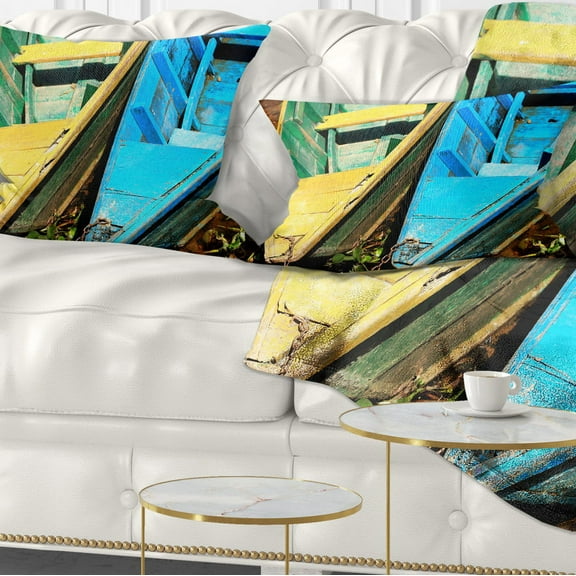 Designart Wooden Boats on Lake Phewa - Boat Throw Pillow - 12x20