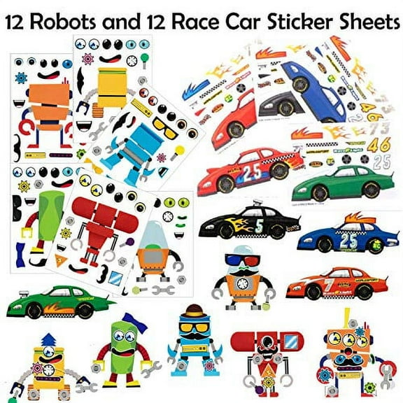 24 Robots & Race Cars Make a Sticker Scene Sheets (12 Robots & 12 Race Cars)- Great for Kid's Stocking Stuffers & Boys Party Favors, Stickers for Kids