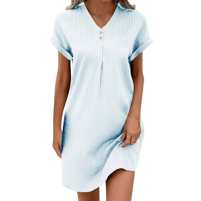 hotojiny Robes en Coton et Lin pour Femmes 2025 Amples à Boutons Col en V Robe T-Shirt Décontractée Unie à Manches Courtes Roulées Robes Mini de Plage
