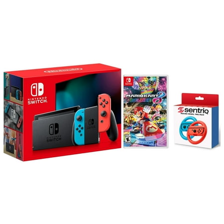 Nintendo Switch with Neon Red/Blue Joy‑Cons + Mario Kart 8 Deluxe + Sentriq Racing Wheel Two Pack Joy Con Attachments - Japan Import with US Plug