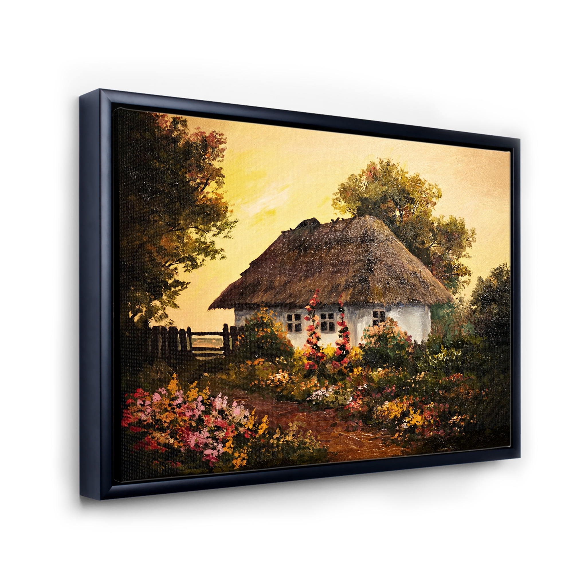 Traditional Cottage At Sunset In Autumn Flowers 20 in x 12 in Framed Painting Canvas Art Print, by Designart