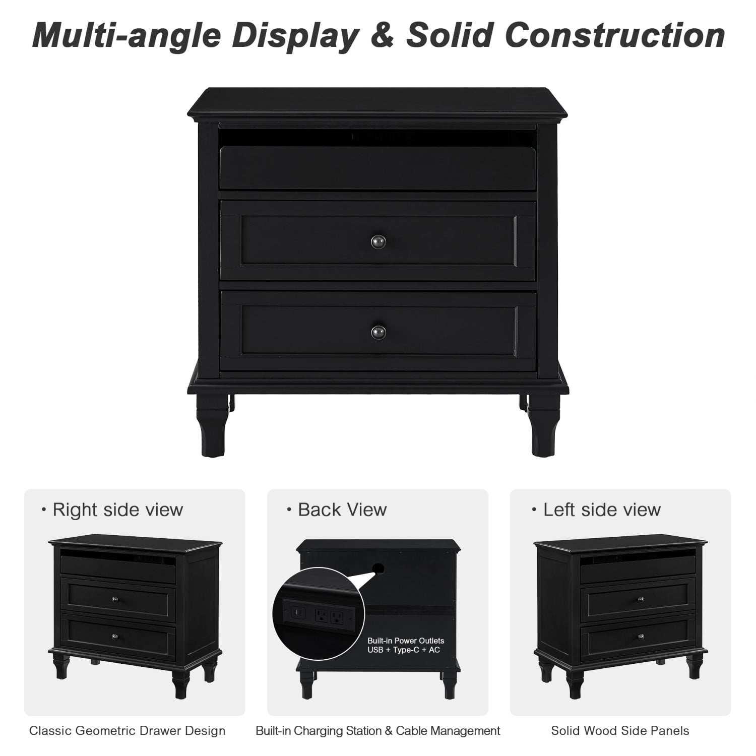28" Wood Nightstand with Charging Station, Farmhouse Bedside Table with 3 Drawers, USB & Type-C Ports, Storage End Table for Bedroom Living Room Office, Black