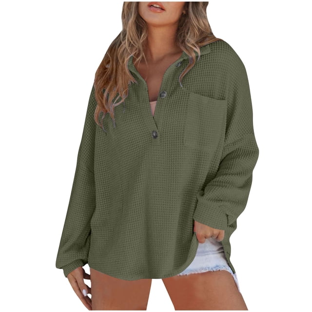 cfhntfmh Womens Oversized Sweater Loose V Neck Buttons Knit Long Sleeve Shirts Solid Color Pullovers with Pockets