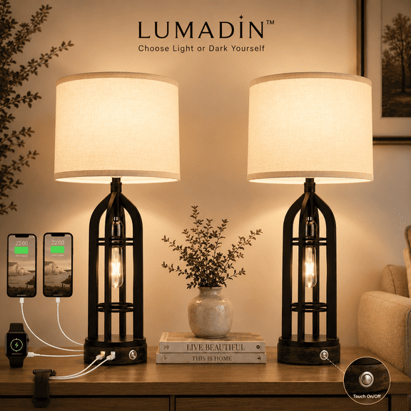 Lumadin 3 Way Dimmable Table Lamp with USB A C Ports for Bedroom Living Room, 24.8" Vintage Farmhouse Nightstand Bedside Lamps Resin (2 Bulbs Included)