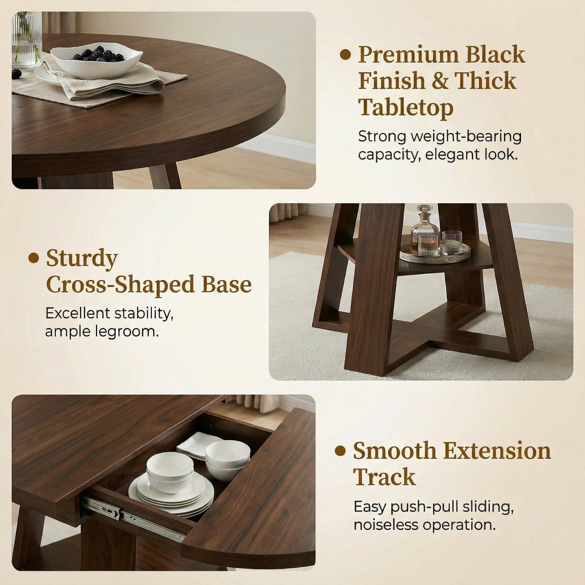 Extendable Dining Table for 4-8, Round to Oval Kitchen Table with Storage Shelf, Thick MDF, Cross-Shaped Base, 43.3 to 59-Inch Length, 300 Lbs Capacity, for Dining Room Kitchen Living Room, Walnut