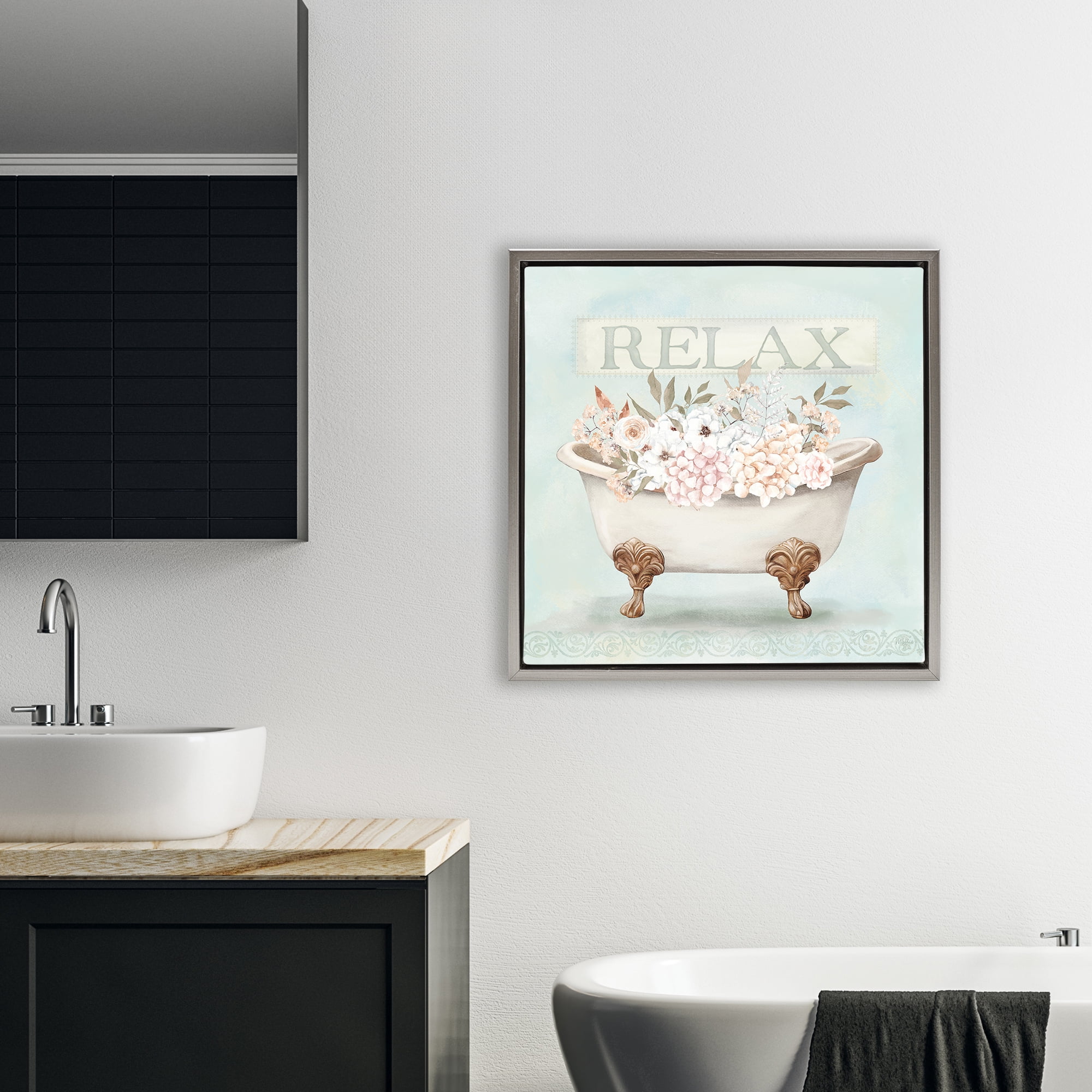 Stupell Industries Relax Floral Tub Gray Framed Floater Canvas Wall Art, design by Mollie B.