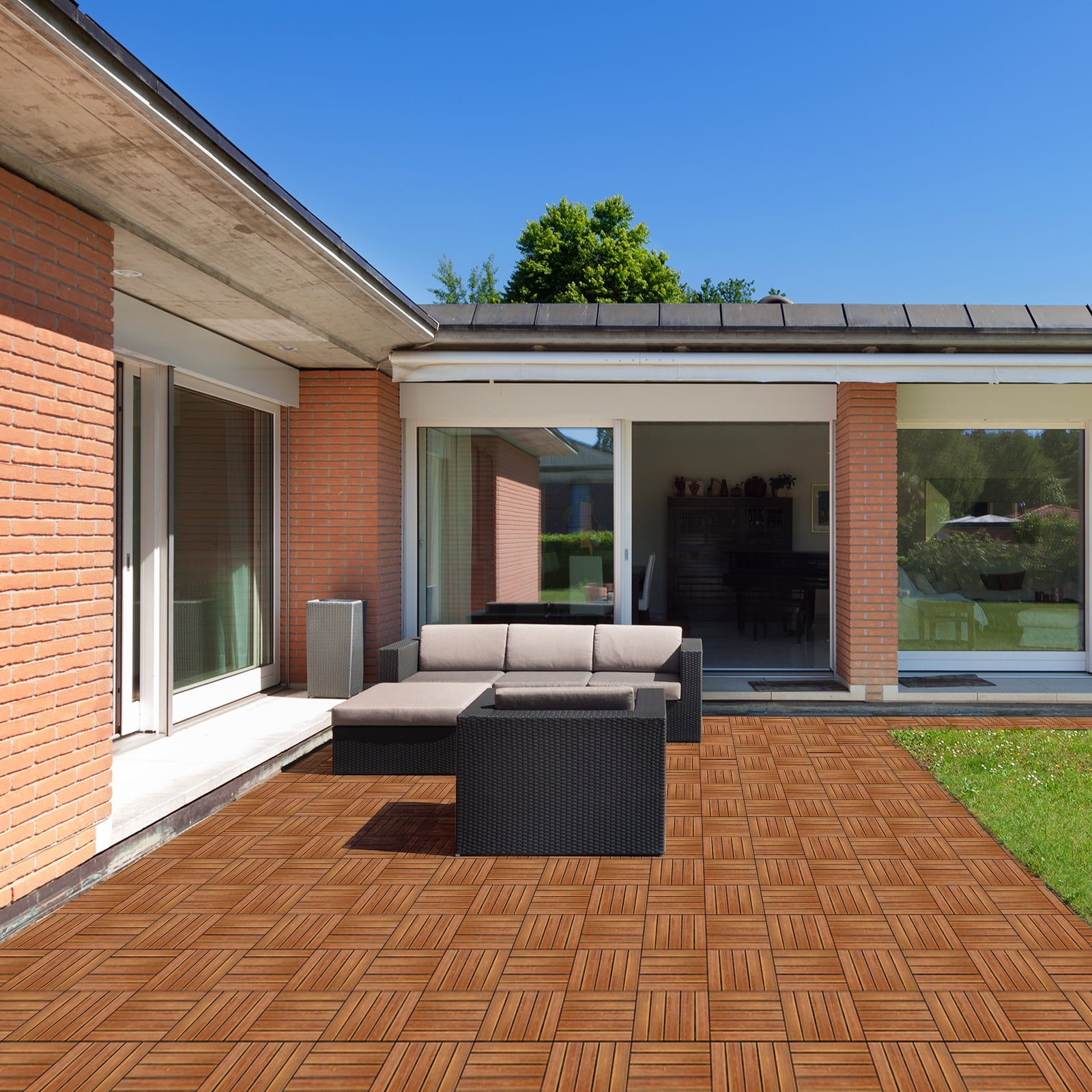 27pcs Wood Interlocking Deck Tiles 11.8"x11.8", Waterproof Flooring Tiles for Indoor and Outdoor, Patio Wood Flooring for Patio Porch Poolside Balcony Backyard, Stripe Pattern