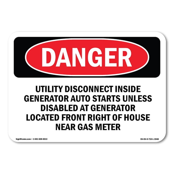 OSHA Danger Sign - Utility Disconnect Inside Generator Auto | Decal | Protect Your Business, Construction Site, Shop Area |  Made in The USA