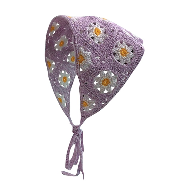 Bufanda triangular hueca tejida a mano a crochet, turbante para el cabello con lazo para mujer: pañuelo de moda para fiestas, viajes y picnics.