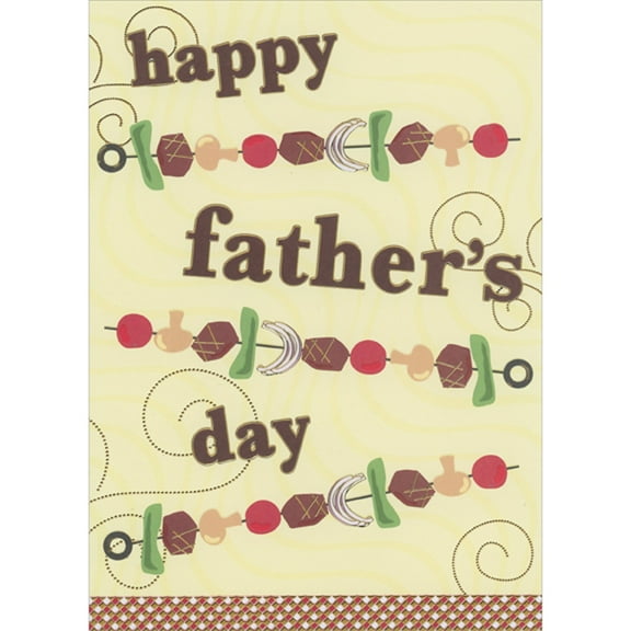 Designer Greetings Skewers with Meat and Vegetables and Gold Dotted Swirls on Yellow Father's Day Card