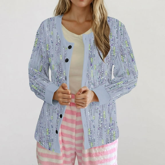 Women's Button Down Cardigan Sweaters Long Sleeve Graphic Printed Soft Cotton Casual Fall Spring Outerwear (XL, Purple 02)