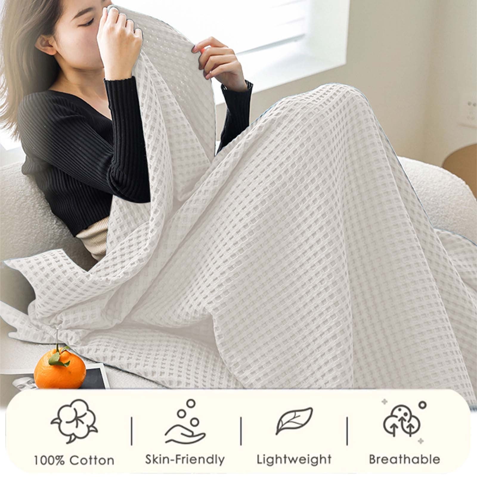 Loyerfyivos Cotton Blankets Queen Size for Bed - Waffle Weave Blankets for Summer, Lightweight and Breathable Soft Woven Blankets for Spring, White, 43.31x51.18in (White)