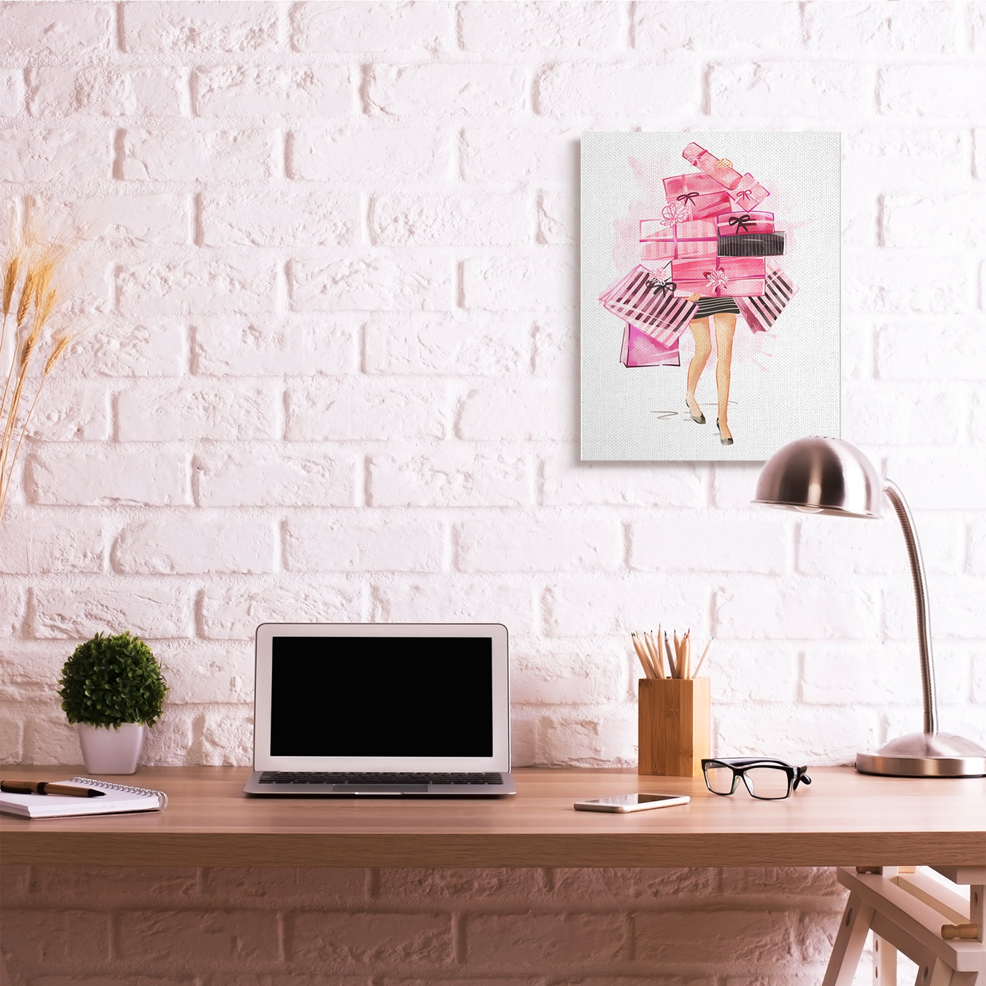 Stupell Industries Pink Glam Gift Stack Fashionista Shopping Pose Beauty & Fashion Painting Gallery Wrapped Canvas Art Print Wall Art, 24 x 30
