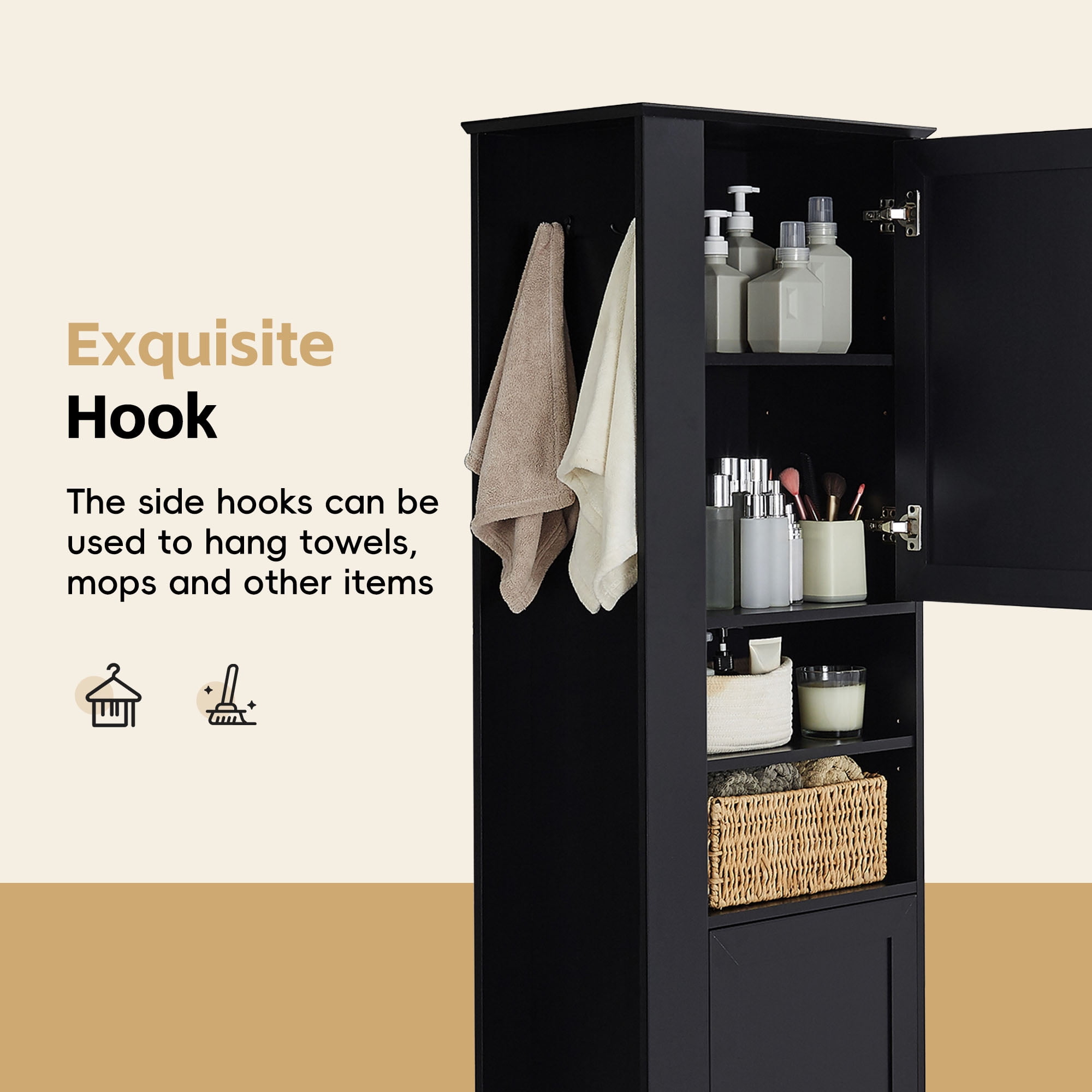 HOQBN 69"H Tall Bathroom Storage Cabinet,Freestanding Storage Cabinet with Hook & Adjustable Shelf for Bathroom, Living Room, Black