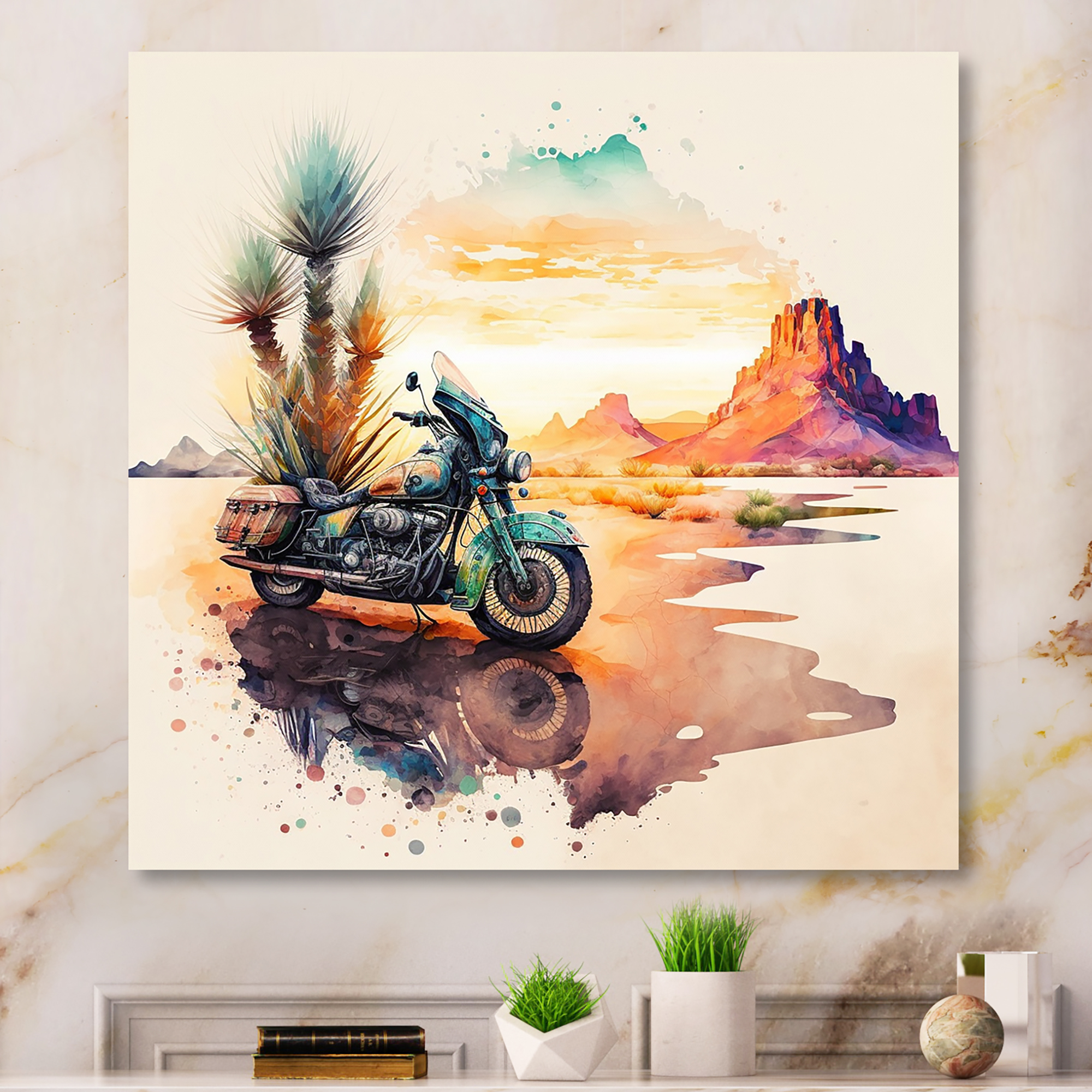 Designart Motorcycle Parked In The Desert III Canvas Wall Art
