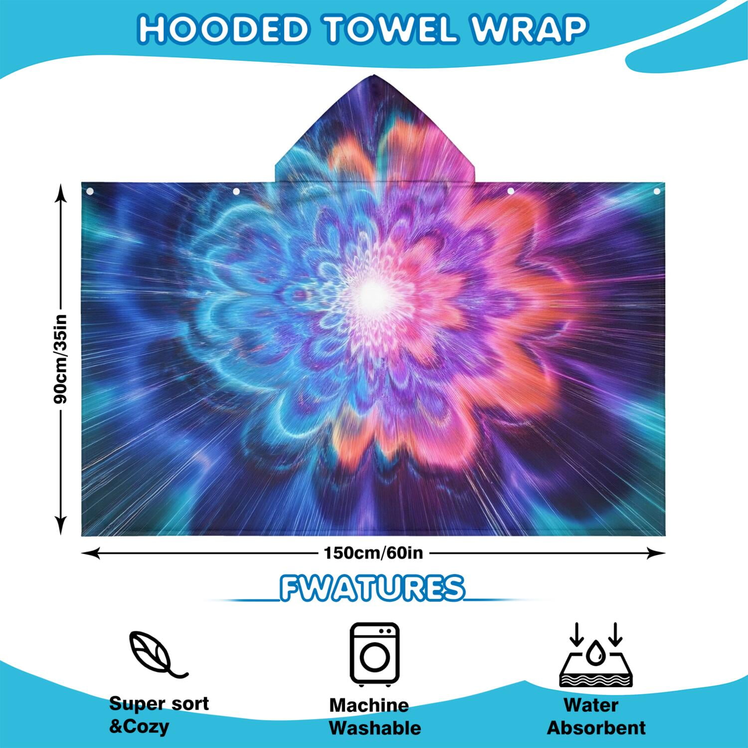 Colorful Tie Dye Burst Flower Pattern Hooded Bath Towel，60"x35" for Ages 3 To 12 Kids, Quick Dry Lightweight Soft Microfiber Hood Beach Towel Cover Up for Kids