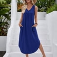 thumbnail image 3 of Summer Midi Dresses for Women V Neck Sleeveless Flowy Sundress Casual Beach Vacation Curve Hem Dress with Pockets, 3 of 6