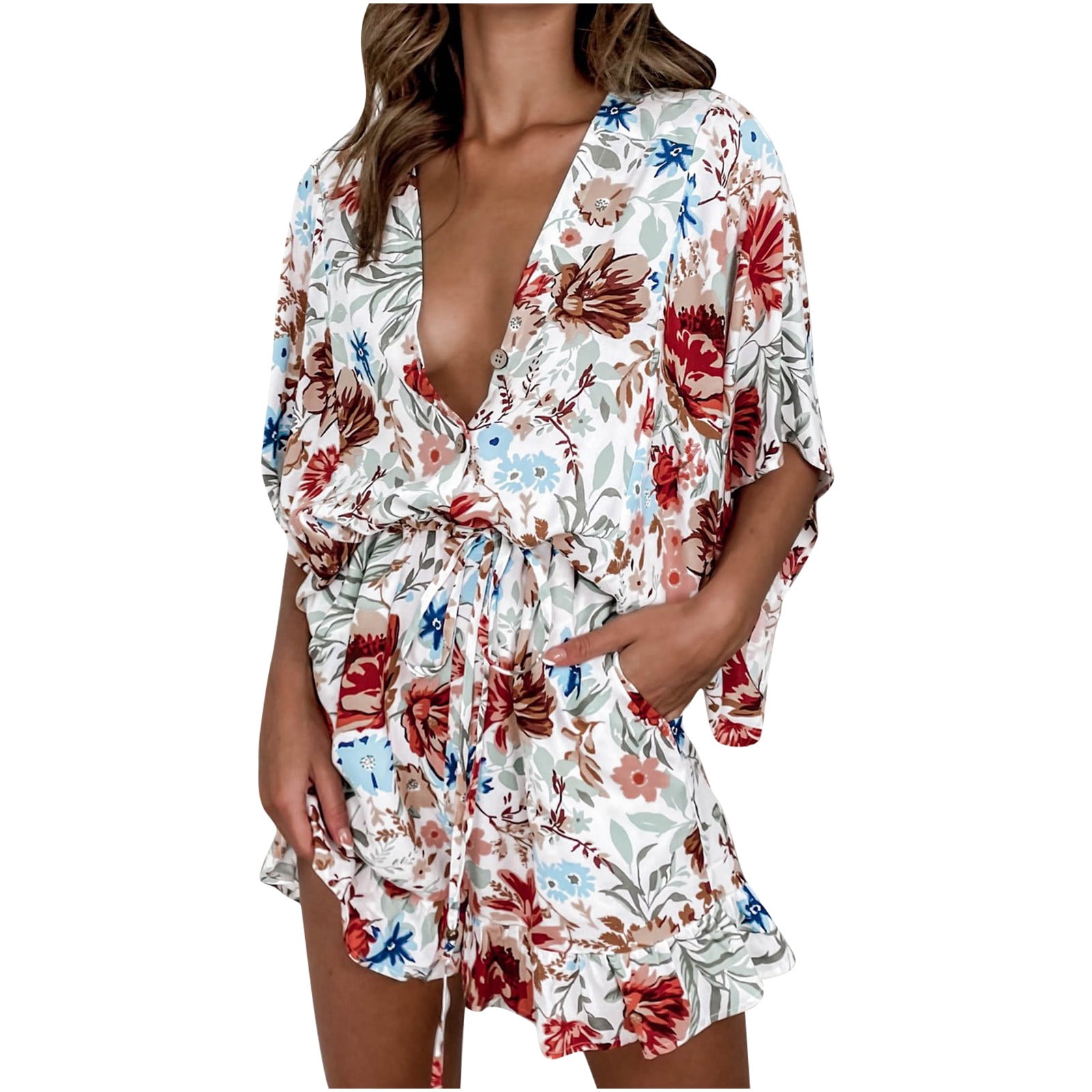 Fubotevic Womens Casual Wide Leg V-Neck Floral Print Rompers Jumpsuit