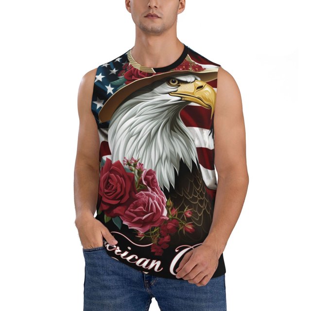 Fotbe Eagle With Hat And Roses Men's Camiseta sin Mangas Estampada para Hombres, Playera Casual para Gimnasio, Entrenamiento, Playa-X-Large
