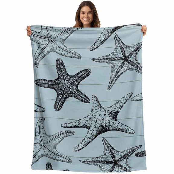 Teal Blue Starfish Blanket Soft Cozy Warm Throw Blanket for Couch, Plush Fuzzy Flannel Fleece Blankets for Sofa, Coastal Ocean Summer Sea Nautical Bed Blankets Lightweight Gifts for Women, 40"x60"