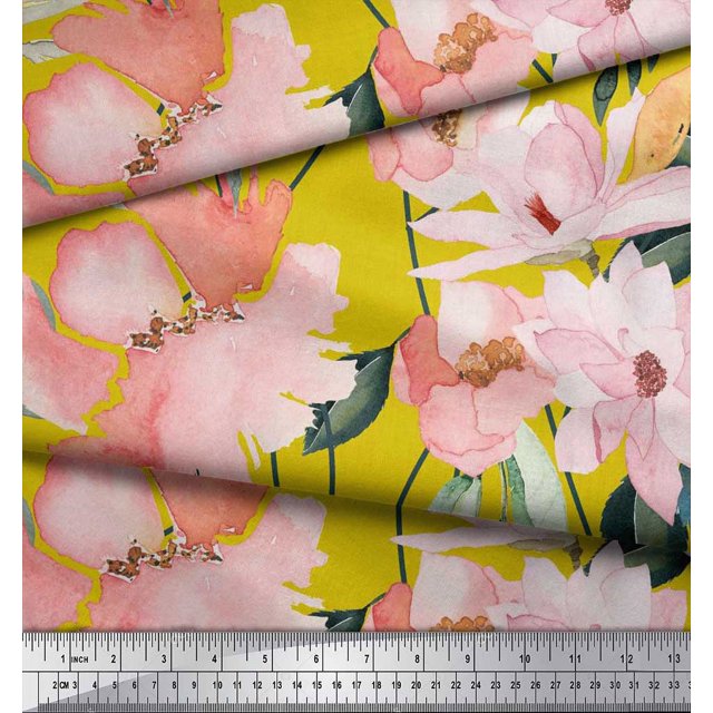 Soimoi Yellow Modal Satin Fabric Leaves & Magnolia Floral Fabric Prints By Yard 42 Inch Wide