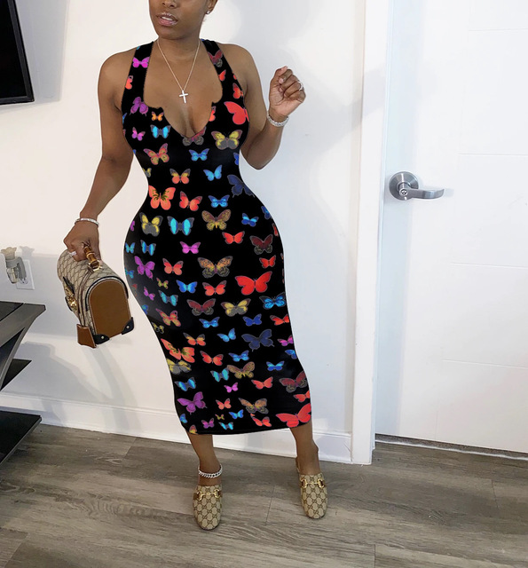 V-neck Dress Bodycon Mid-calf Length 