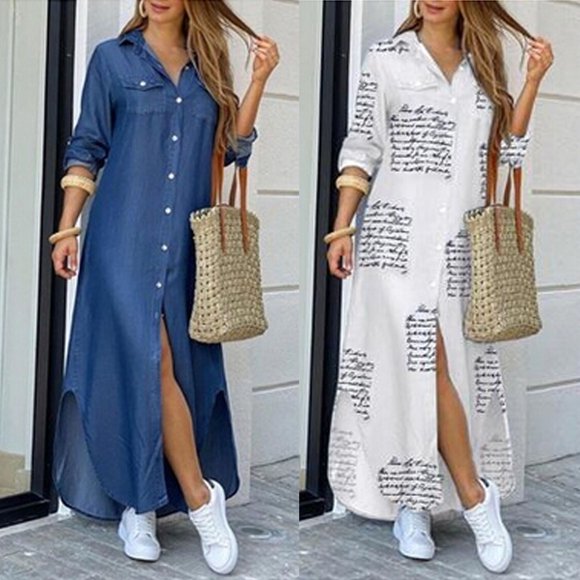 Newspaper Printed White/Denim Blue Shirt Dress Women Autumn Cothes Long Sleeve Vintage Party Dress Mujer De Moda 2020 Brand New