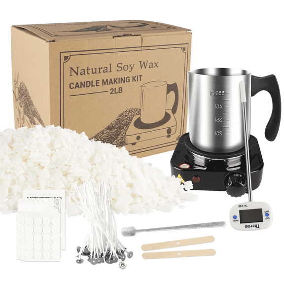 Candle Making Kit with Wax Melter, Include 2 lbs Soy Wax, Melting Pot, Electric Stove, Thermometer, Stirring Stick, Stickers, Cotton Wicks, Wick Adhesive Paper. Ideal for Beginners and Adults DIY Cra