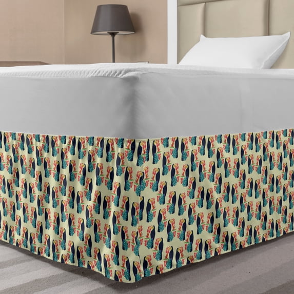 Tropical Bed Skirt, Exotic Repetition with Toucan Bird Hibiscus Bird of Paradise and Monstera, Elastic Bedskirt Dust Ruffle Wrap Around for Bedding Decor, 4 Sizes, Cream Multicolor, by Ambesonne