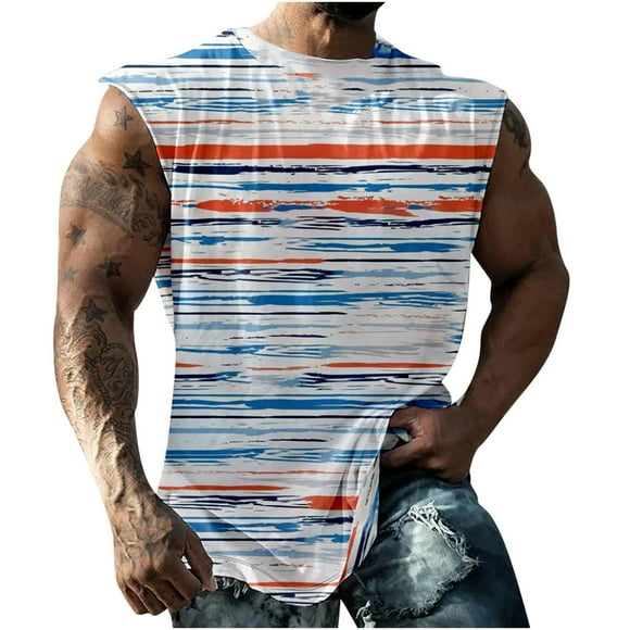 Jgppe Summer Tank Top for Men Stripe Printed Plus Size Sleeveless Stretchy Casual Workout Shirt Tops