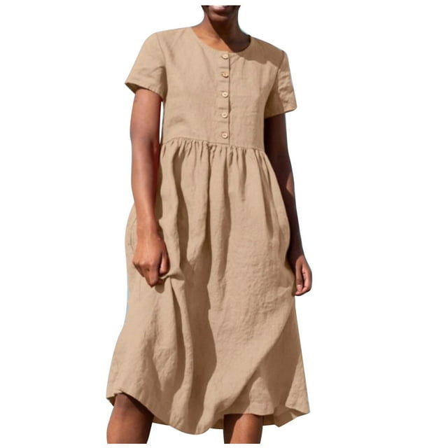 AherBiu Robes à Manches Courtes pour Femmes Coton Lin Demi-Bouton Col Rond Froncé Été Décontracté Ample Robe Midi