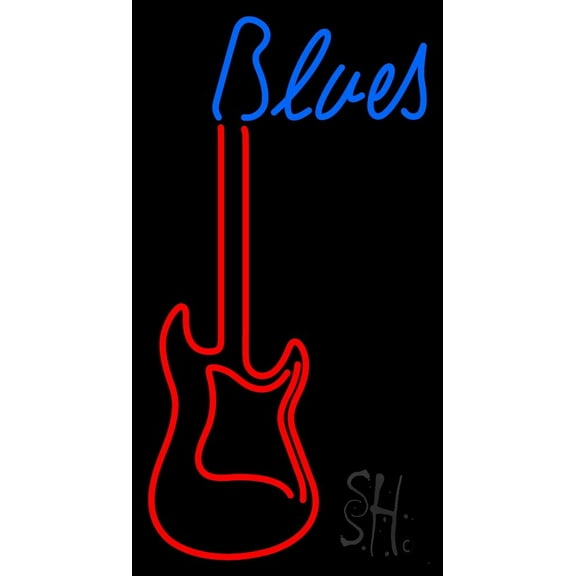 Blues Guitar 2 LED Neon Sign 24" Tall x 13" Wide - inches Black Square Cut Acrylic Backing, with Dimmer - Premium built indoor Sign for Studio, Club, Home décor, Event, Workshop, Storefront.
