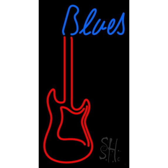 Blues Guitar 2 LED Neon Sign 24" Tall x 13" Wide - inches Black Square Cut Acrylic Backing, with Dimmer - Premium built indoor Sign for Studio, Club, Home décor, Event, Workshop, Storefront.