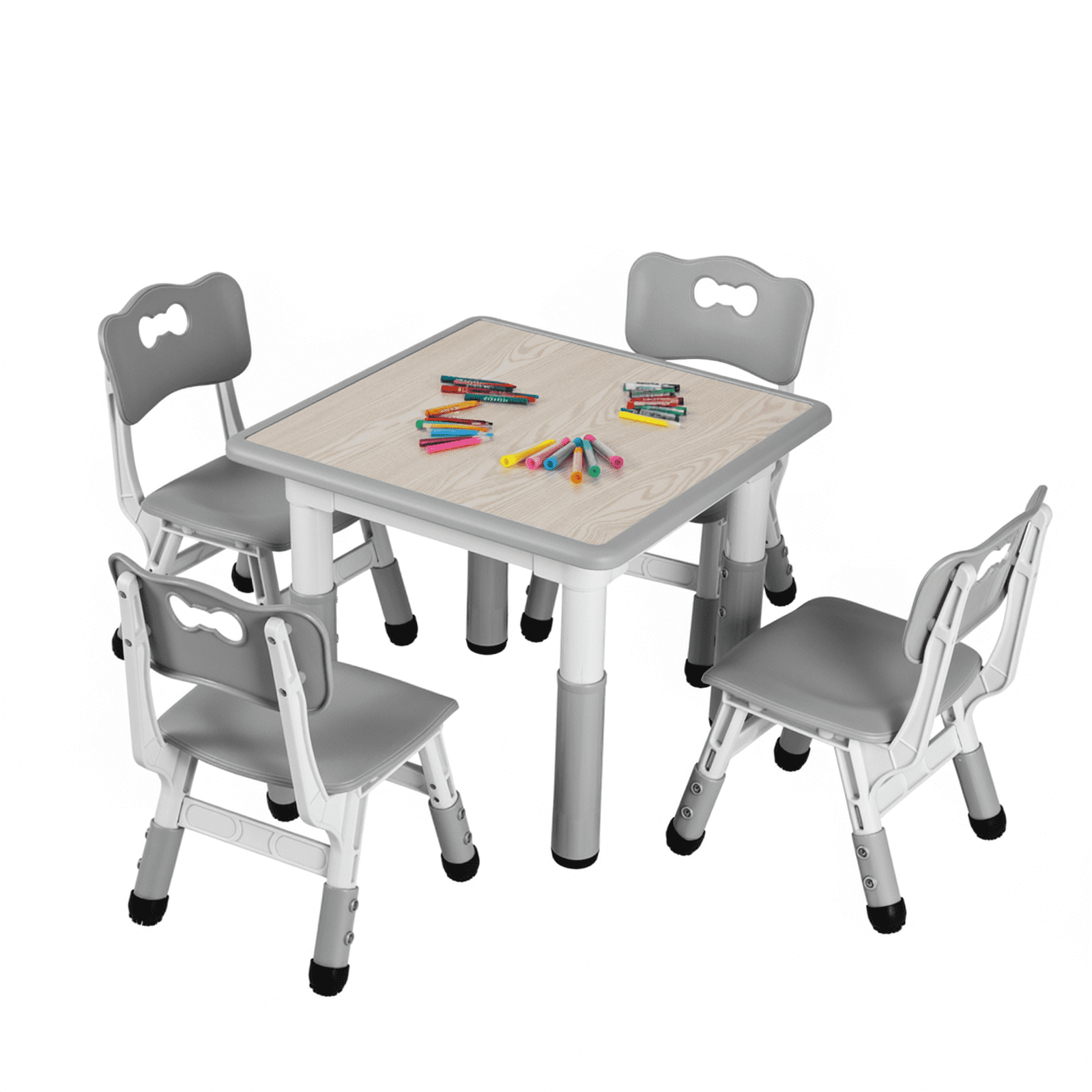 TLSUNNY Kids Table & 4 Chairs Set, Height Adjustable Children Activity Table Set for Ages 2-10, Gray