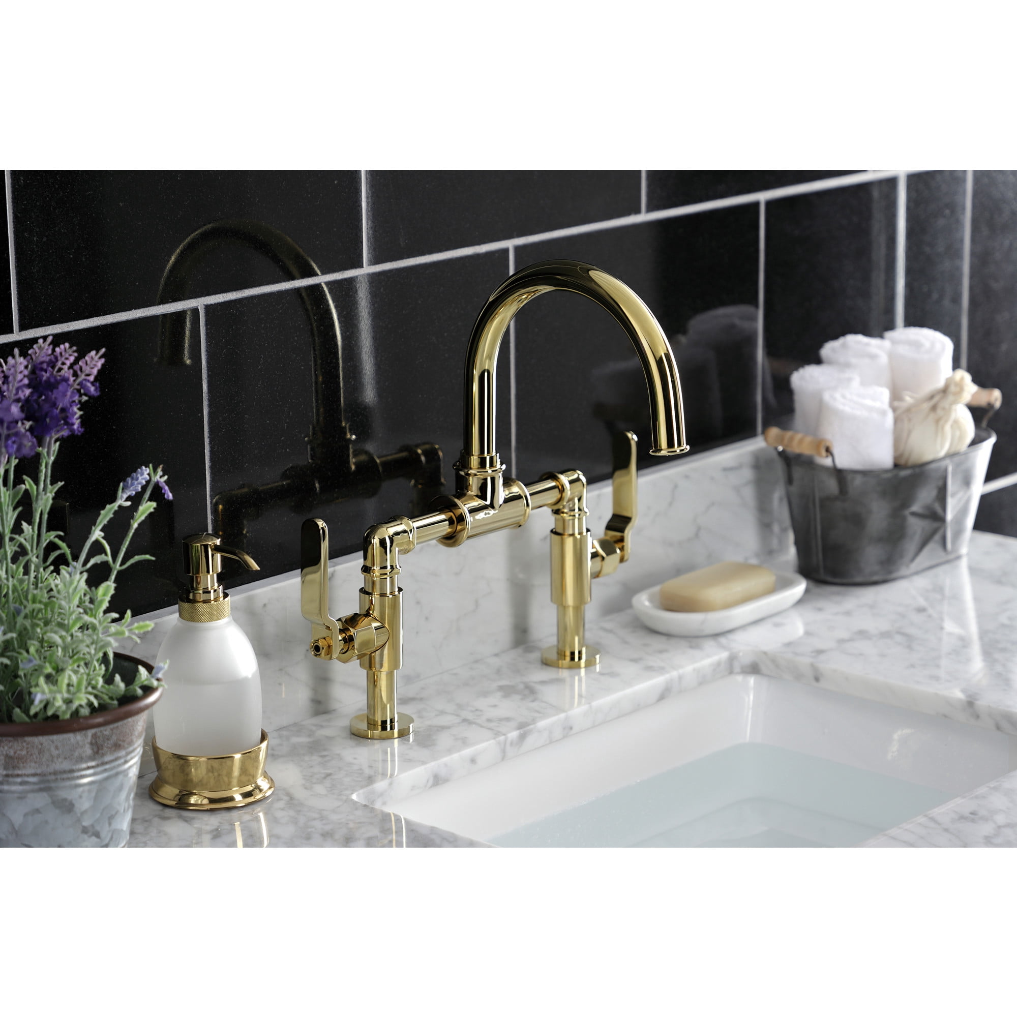 Kingston Brass KS2172KL Whitaker Industrial Style Bridge Bathroom Faucet with Pop-Up Drain, Polished Brass