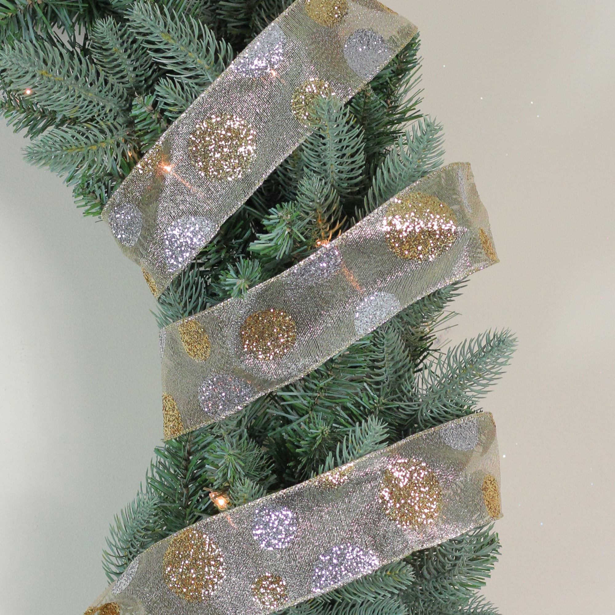 Northlight Glitter Gold and Silver Polka Dotted Christmas Wired Ribbon 2.5" x 16 Yards