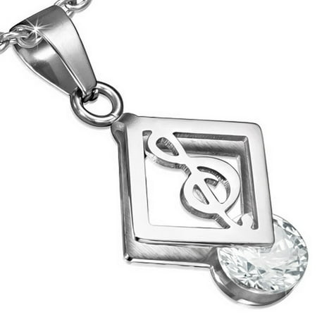 Stainless Steel Silver-Tone Music Musical Clef Note White CZ Pendant Necklace