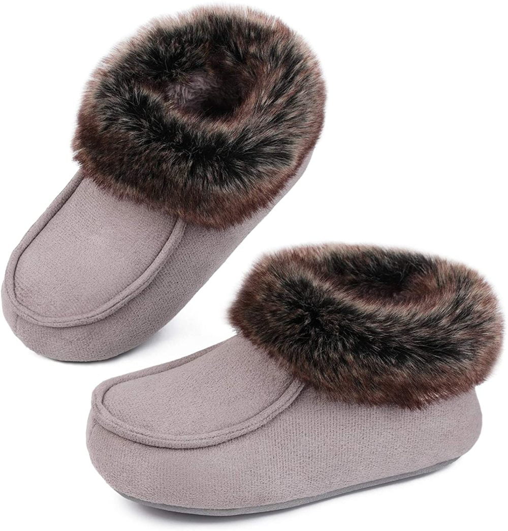 EverFoams Womens Fluffy Memory Foam Slippers with Faux Fur Collar 
