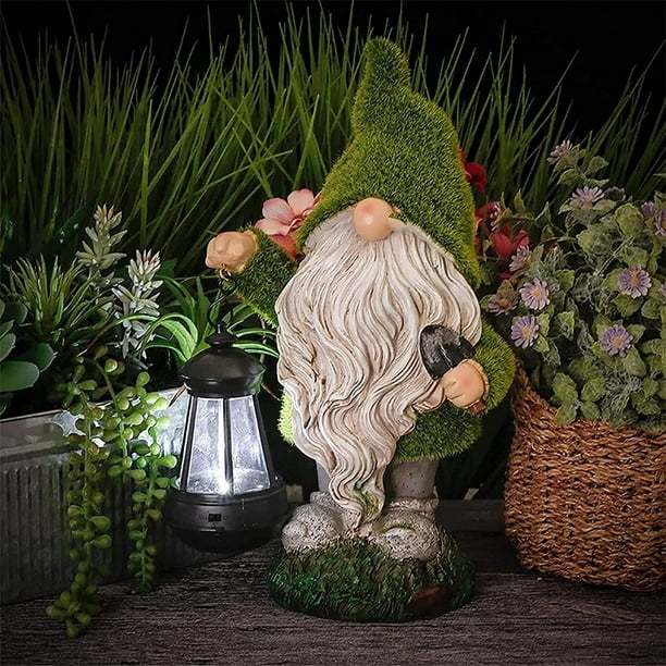 Flocked Garden Gnome Statue with Solar Lights,Welcome Gnome Figurine with  Lantern,Funny Resin Gnome Garden Sculpture for Lawn Patio Yard Home Decor 