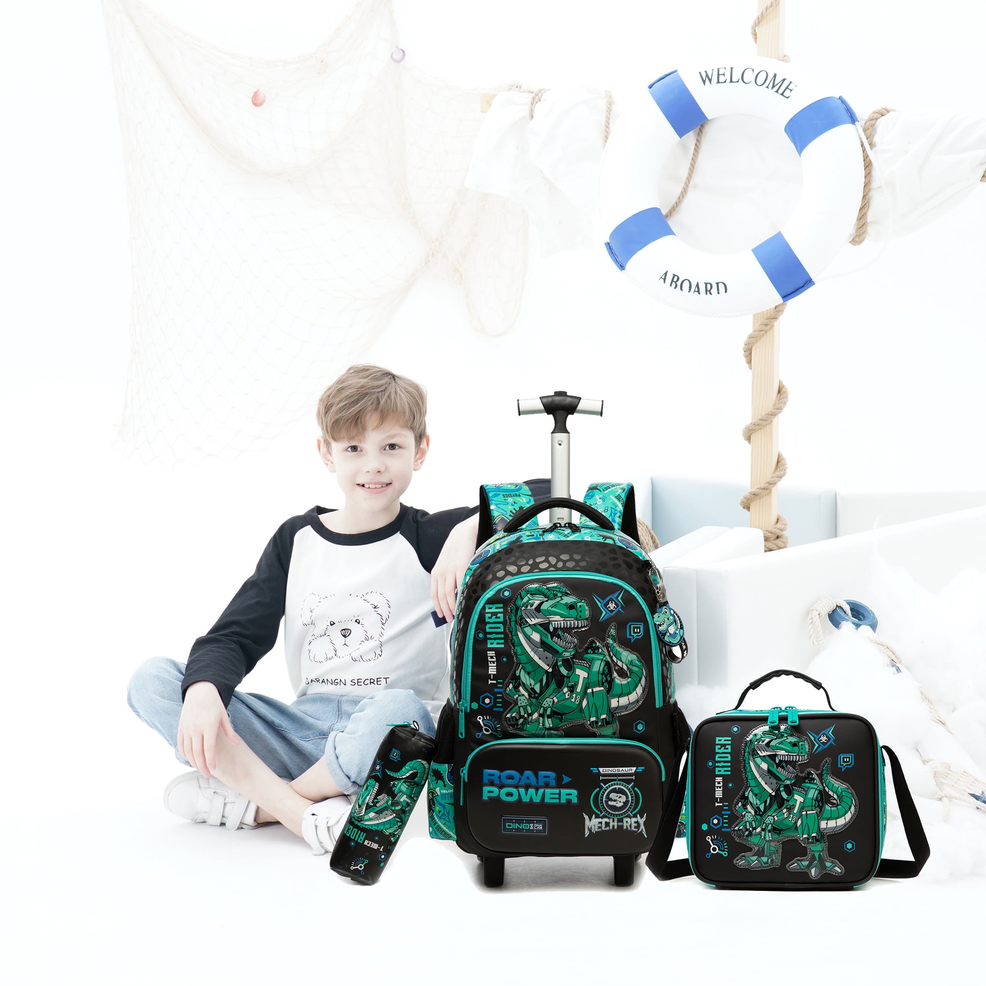 Dinosaur Rolling Kids Backpack for Boys Roller Backpacks 3-Piece School Bags with Lunch Box Pen Bag for Elementary Students Bookbag Ages 6-12