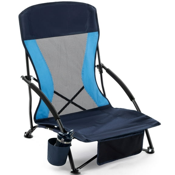 Honeilife Low Folding Beach Chairs for Adults, Portable Lightweight Chair with Cup Holder Mesh Back Lawn Chair with Carry Bag for Outdoor Camping Concert Travel, Navy Blue