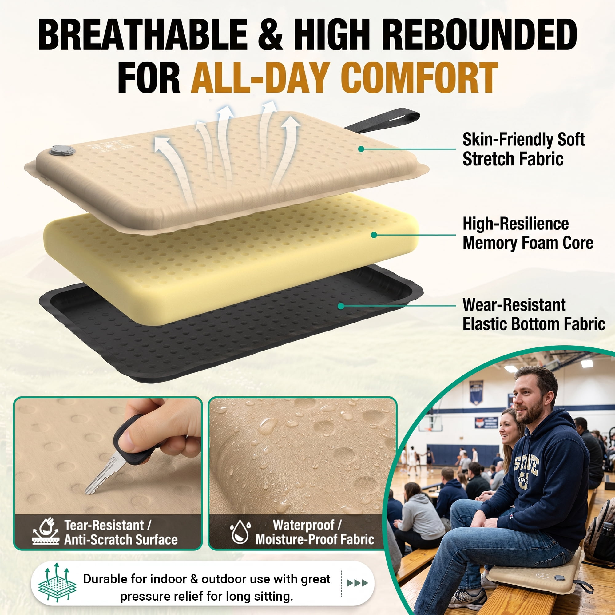 BNISE Inflatable Seat Cushion, 2 Inch Portable Self Inflating Memory Foam Seat Pad, Ultralight for Airplane, Stadium Bleachers, Camping and Office